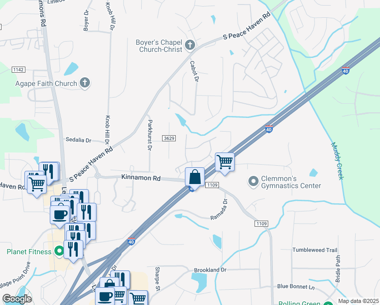 map of restaurants, bars, coffee shops, grocery stores, and more near 6086 Claudias Lane in Winston-Salem