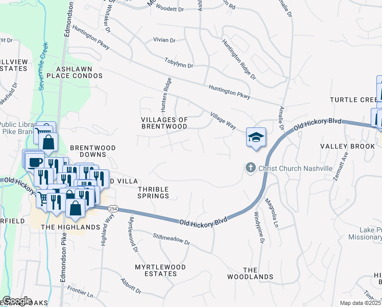 map of restaurants, bars, coffee shops, grocery stores, and more near 520 Fairhaven Court in Nashville
