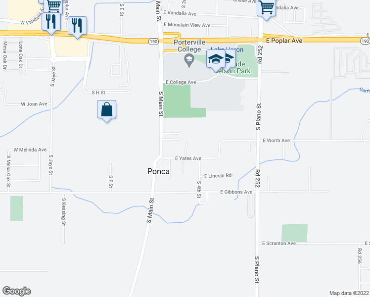 map of restaurants, bars, coffee shops, grocery stores, and more near 74 East Yates Avenue in Porterville
