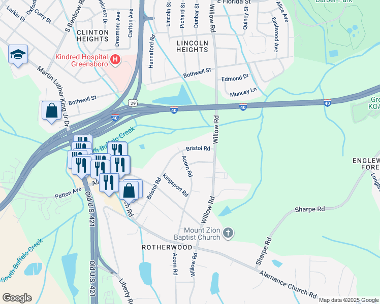 map of restaurants, bars, coffee shops, grocery stores, and more near 1723 Bristol Road in Greensboro