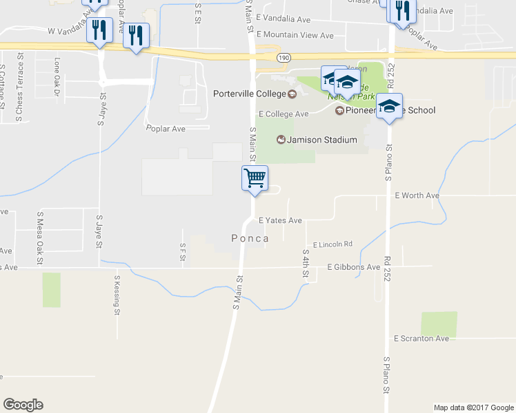 map of restaurants, bars, coffee shops, grocery stores, and more near 1236 South Main Street in Porterville