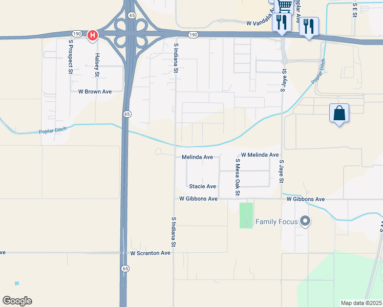 map of restaurants, bars, coffee shops, grocery stores, and more near 768 Melinda Avenue in Porterville