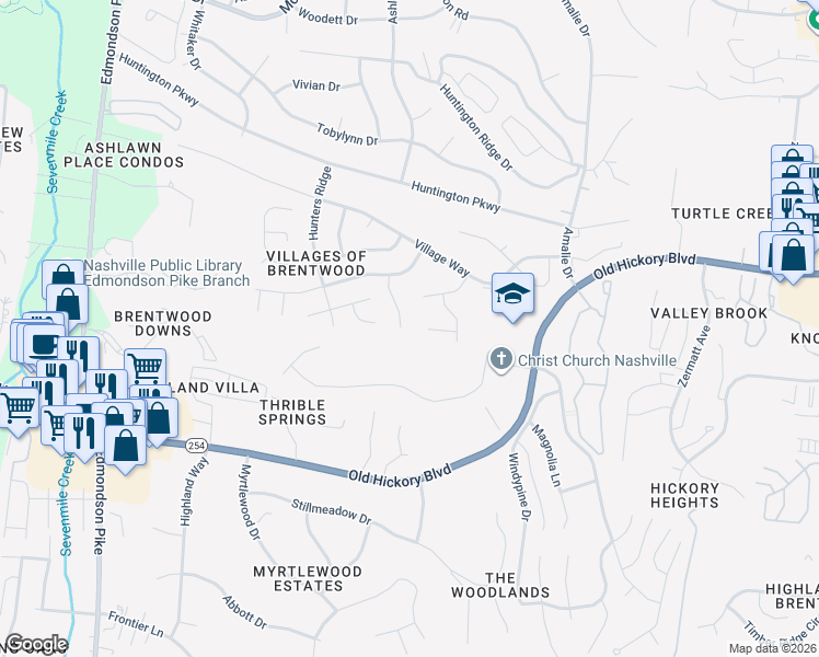 map of restaurants, bars, coffee shops, grocery stores, and more near 5337 Old Village Road in Nashville