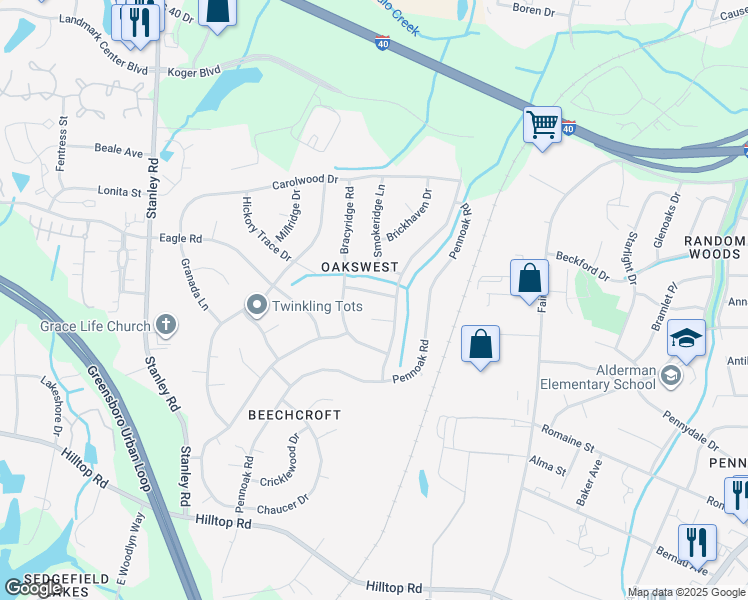 map of restaurants, bars, coffee shops, grocery stores, and more near 4705 Wakewood Drive in Greensboro