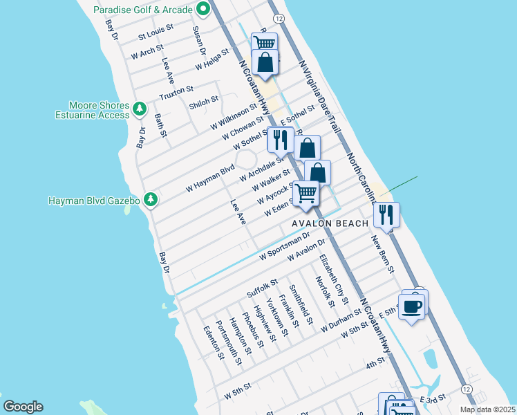map of restaurants, bars, coffee shops, grocery stores, and more near 313 West Aycock Street in Kill Devil Hills