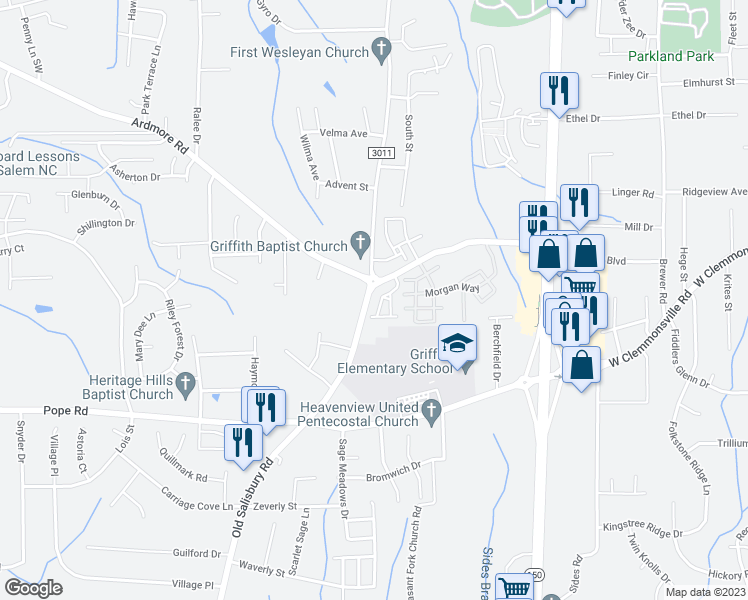 map of restaurants, bars, coffee shops, grocery stores, and more near 2029 Salisbury Square in Winston-Salem