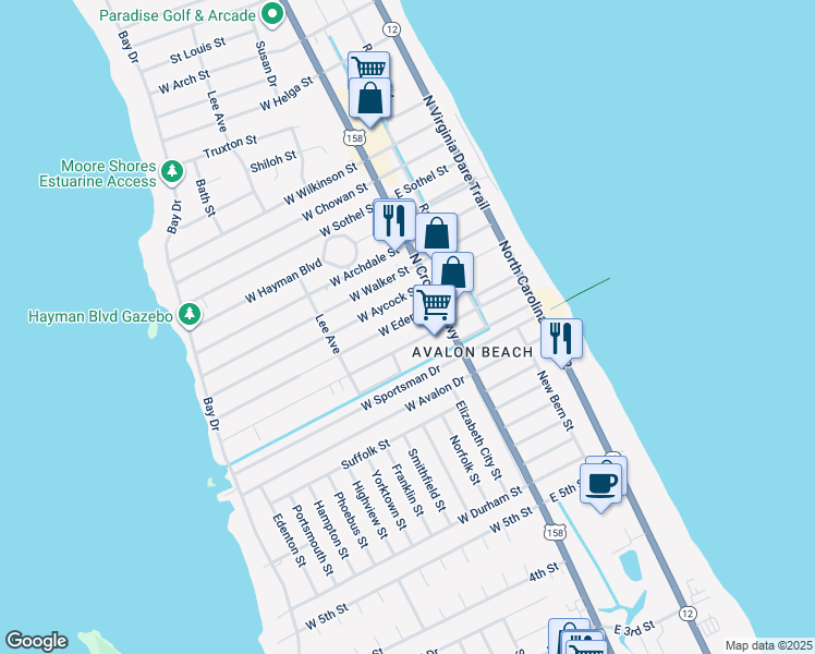 map of restaurants, bars, coffee shops, grocery stores, and more near 219 West Eden Street in Kill Devil Hills