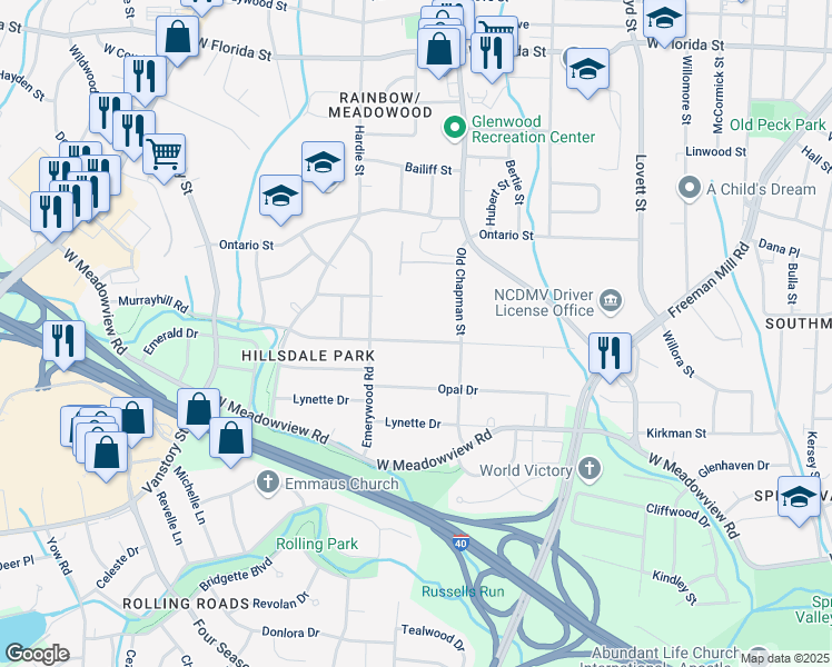 map of restaurants, bars, coffee shops, grocery stores, and more near 2110 Murrayhill Road in Greensboro