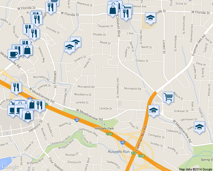 map of restaurants, bars, coffee shops, grocery stores, and more near 2110 Murrayhill Road in Greensboro