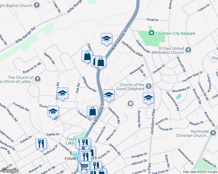 map of restaurants, bars, coffee shops, grocery stores, and more near 5516 Secluded Way in Knoxville