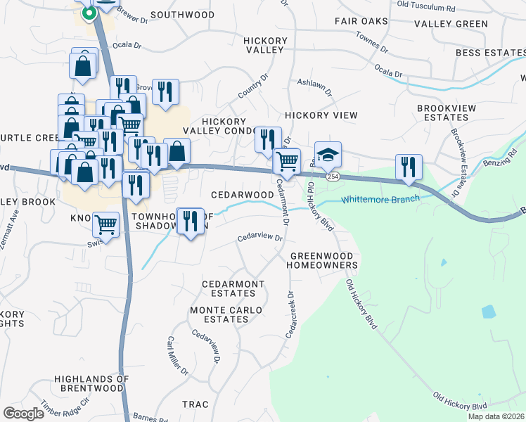 map of restaurants, bars, coffee shops, grocery stores, and more near 416 Cedarvalley Drive in Nashville
