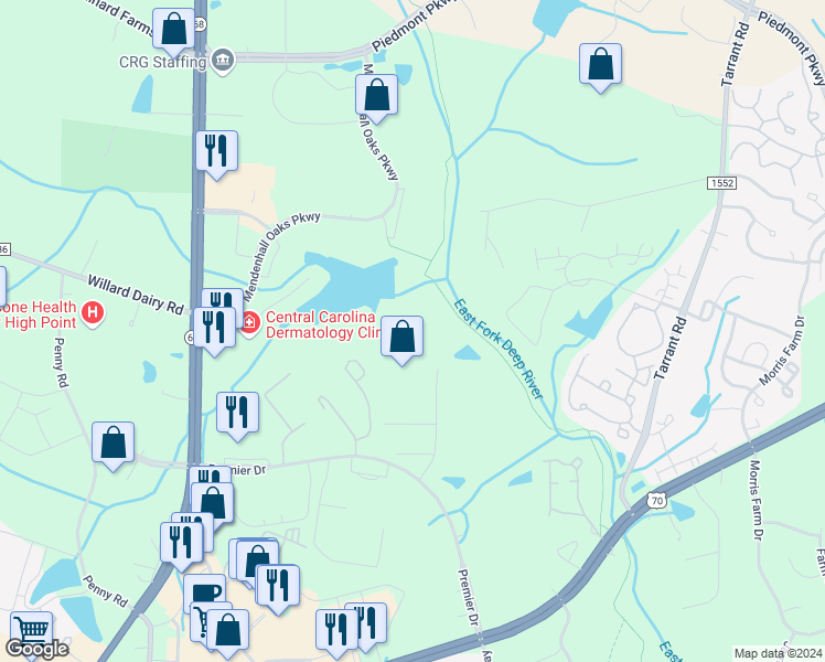 map of restaurants, bars, coffee shops, grocery stores, and more near 4198 Eagle Hill Drive in High Point