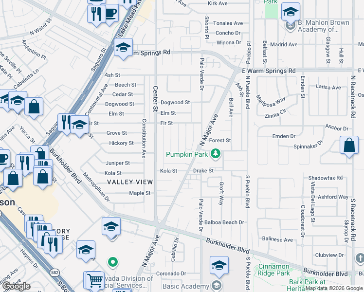 map of restaurants, bars, coffee shops, grocery stores, and more near 838 Fairview Drive in Henderson