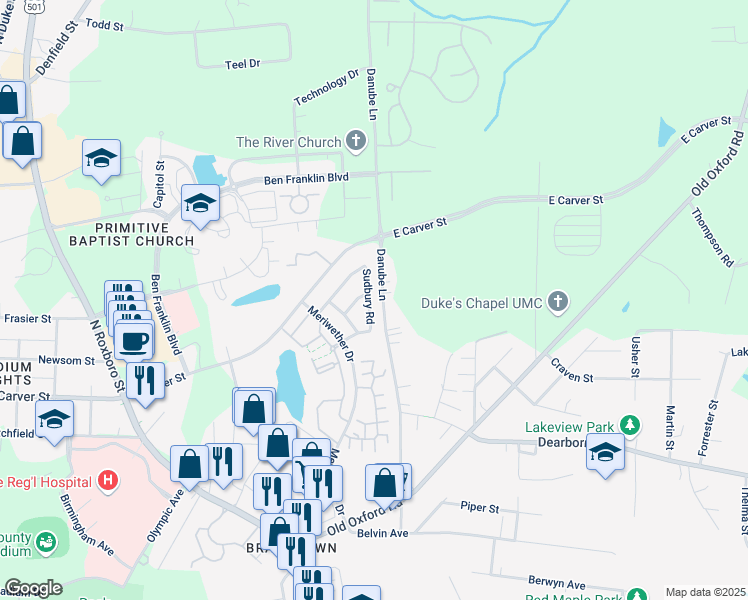 map of restaurants, bars, coffee shops, grocery stores, and more near 3806 Danube Lane in Durham