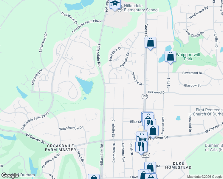 map of restaurants, bars, coffee shops, grocery stores, and more near 2331 Charlotte Street in Durham