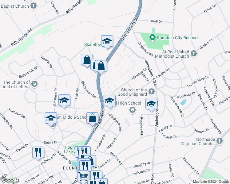 map of restaurants, bars, coffee shops, grocery stores, and more near 5516 Secluded Way in Knoxville