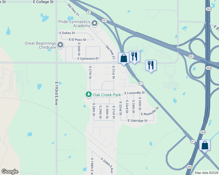 map of restaurants, bars, coffee shops, grocery stores, and more near 3012 East Knoxville Street in Broken Arrow