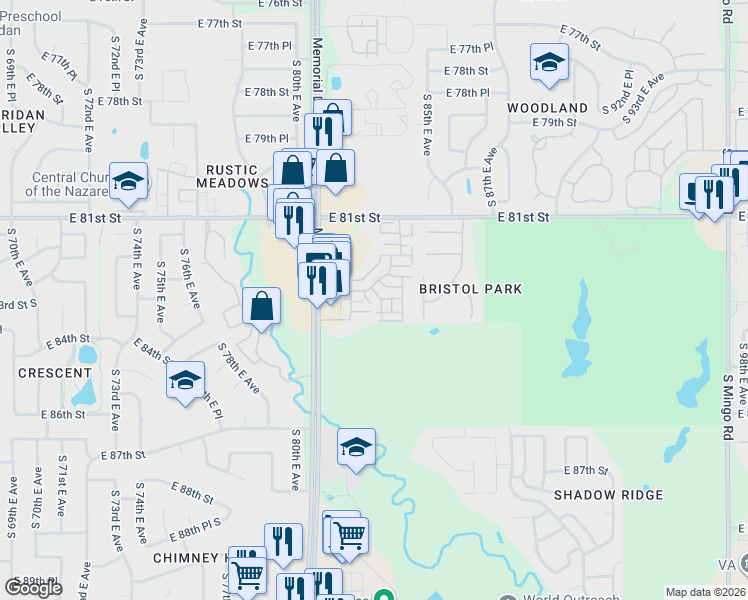 map of restaurants, bars, coffee shops, grocery stores, and more near 8403 South 84th East Avenue in Tulsa