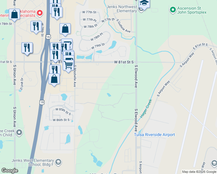 map of restaurants, bars, coffee shops, grocery stores, and more near 8170 South Elwood Avenue in Tulsa
