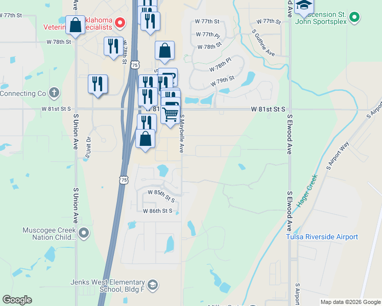 map of restaurants, bars, coffee shops, grocery stores, and more near 8155 South Maybelle Avenue in Tulsa