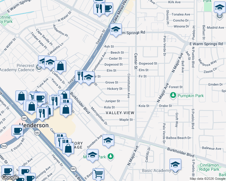 map of restaurants, bars, coffee shops, grocery stores, and more near 111 Hickory Street in Henderson