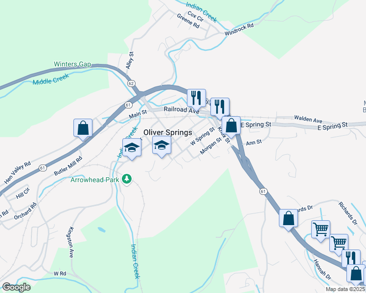 map of restaurants, bars, coffee shops, grocery stores, and more near 405 Winter Gap Road in Oliver Springs