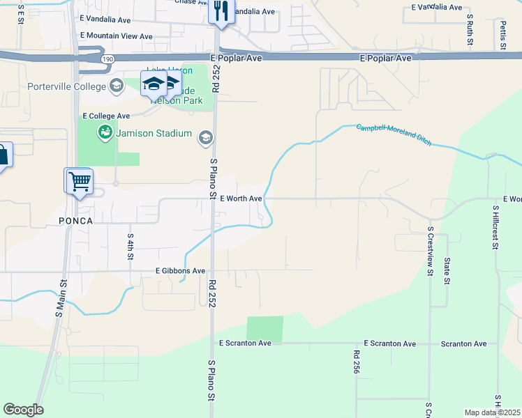 map of restaurants, bars, coffee shops, grocery stores, and more near 1230 Paul Street in Porterville