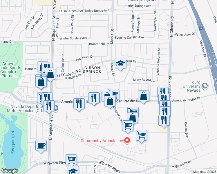 map of restaurants, bars, coffee shops, grocery stores, and more near 1204 Gumdrop Avenue in Henderson