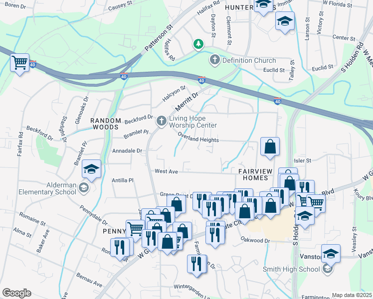 map of restaurants, bars, coffee shops, grocery stores, and more near 3919 Overland Heights in Greensboro