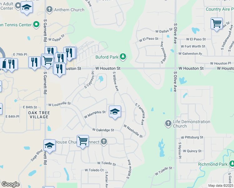map of restaurants, bars, coffee shops, grocery stores, and more near 913 South Yellowood Avenue in Broken Arrow
