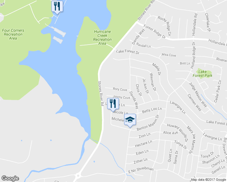 map of restaurants, bars, coffee shops, grocery stores, and more near 1815 Rory Cove in La Vergne