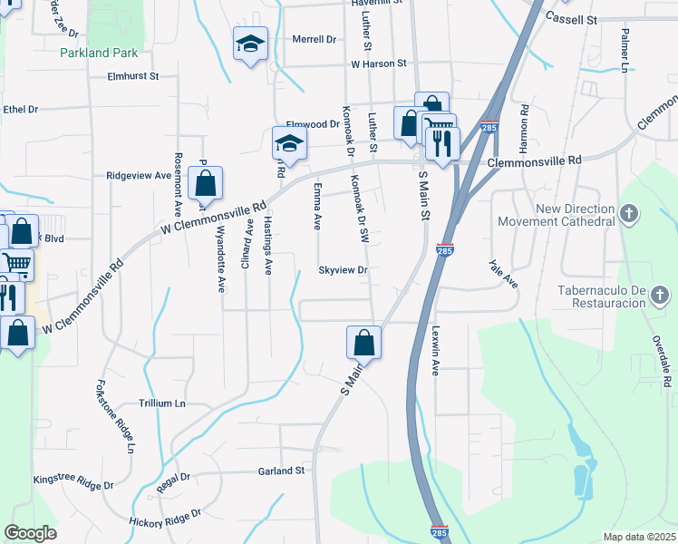 map of restaurants, bars, coffee shops, grocery stores, and more near 330 Skyview Drive in Winston-Salem