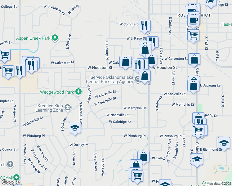 map of restaurants, bars, coffee shops, grocery stores, and more near 1109 West Knoxville Street in Broken Arrow