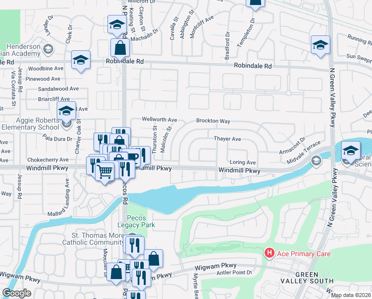 map of restaurants, bars, coffee shops, grocery stores, and more near 2382 Thayer Avenue in Henderson