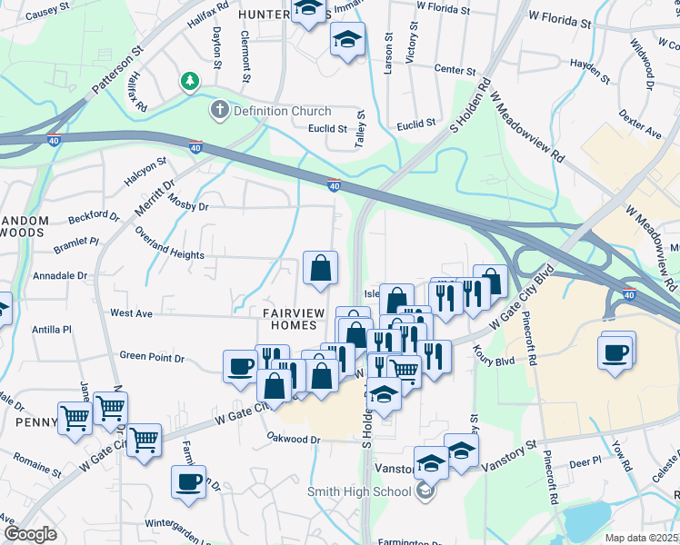 map of restaurants, bars, coffee shops, grocery stores, and more near 1831 Boulevard Street in Greensboro