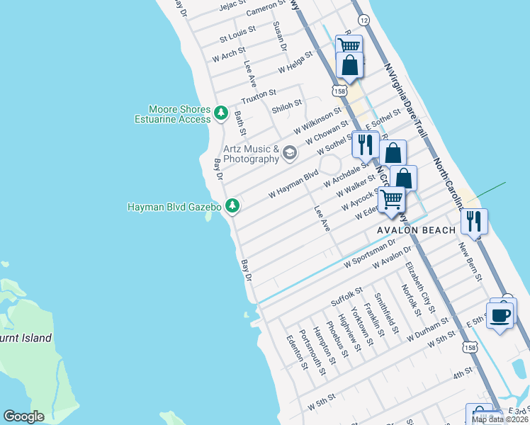 map of restaurants, bars, coffee shops, grocery stores, and more near 518 W Archdale St in Kill Devil Hills