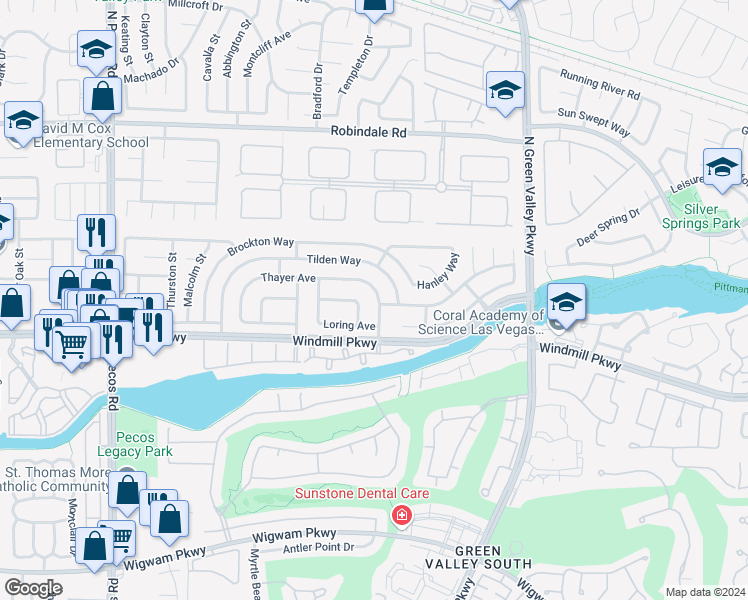 map of restaurants, bars, coffee shops, grocery stores, and more near 2313 Thayer Avenue in Henderson
