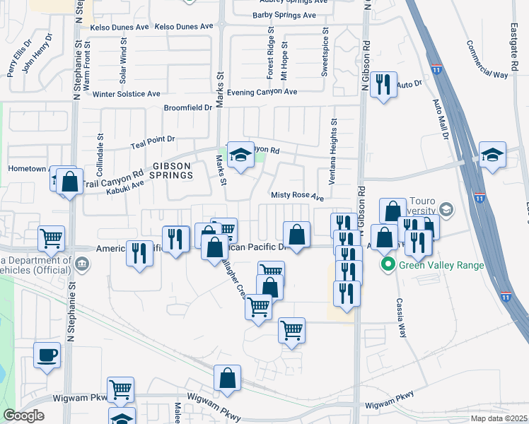 map of restaurants, bars, coffee shops, grocery stores, and more near 217 Boothbay St in Henderson