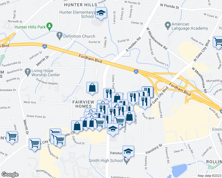 map of restaurants, bars, coffee shops, grocery stores, and more near 1926 Cedar Fork Drive in Greensboro