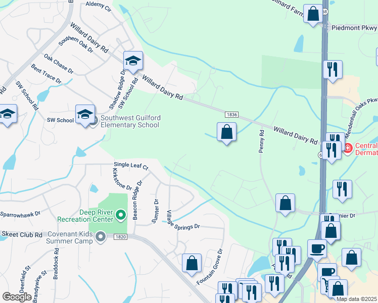 map of restaurants, bars, coffee shops, grocery stores, and more near 2522 Willard Dairy Road in High Point