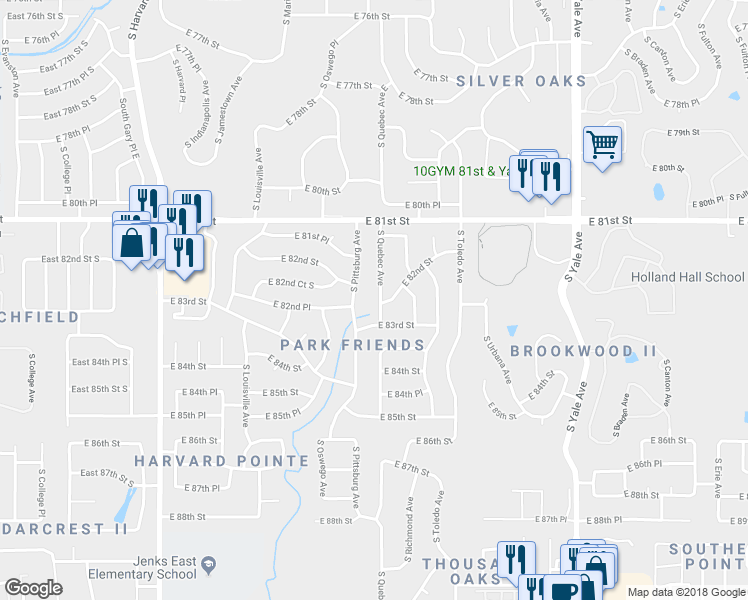 map of restaurants, bars, coffee shops, grocery stores, and more near 8180 South Quebec Avenue in Tulsa
