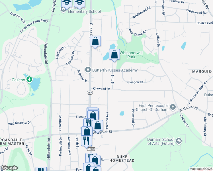 map of restaurants, bars, coffee shops, grocery stores, and more near 1810 Kirkwood Drive in Durham