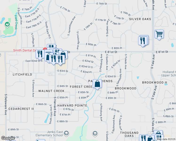 map of restaurants, bars, coffee shops, grocery stores, and more near 3811 East 82nd Place in Tulsa