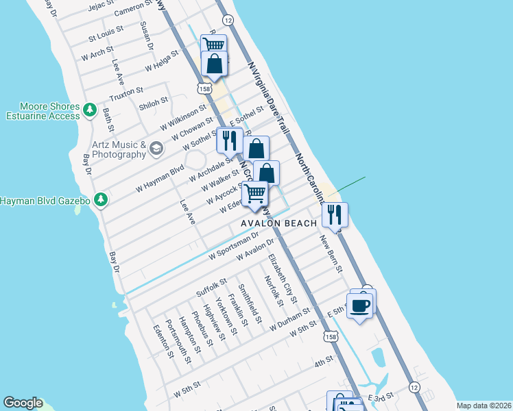 map of restaurants, bars, coffee shops, grocery stores, and more near 2300 North Croatan Highway in Kill Devil Hills