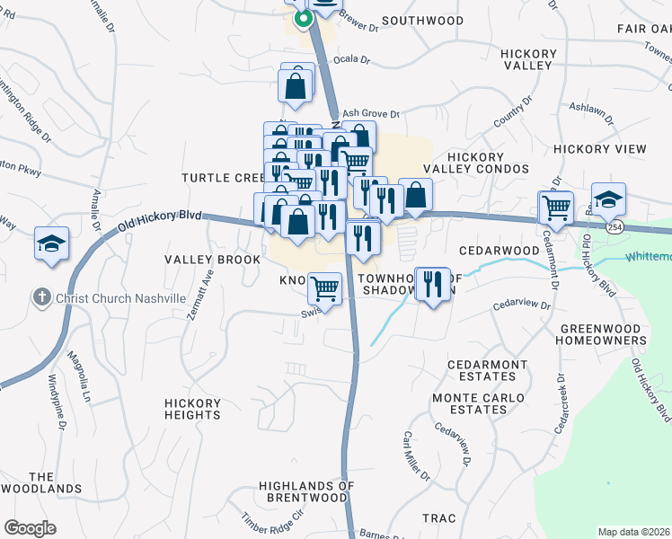 map of restaurants, bars, coffee shops, grocery stores, and more near 626 Brentwood Drive East in Nashville