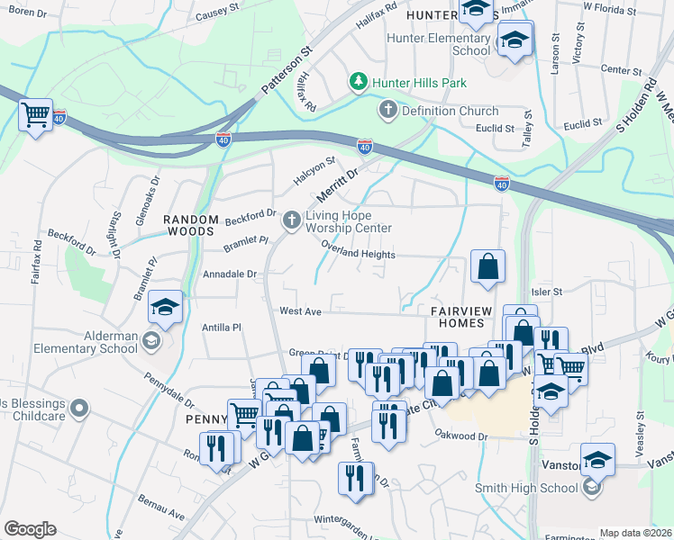 map of restaurants, bars, coffee shops, grocery stores, and more near 3921 Colony Square in Greensboro