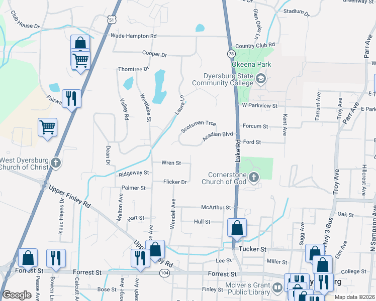 map of restaurants, bars, coffee shops, grocery stores, and more near 803 Acadian Boulevard in Dyersburg