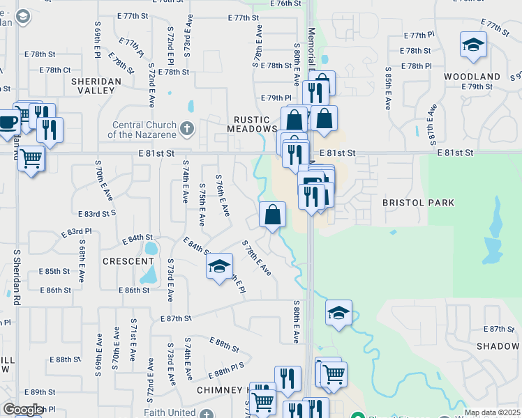 map of restaurants, bars, coffee shops, grocery stores, and more near 8227 South 77th East Avenue in Tulsa