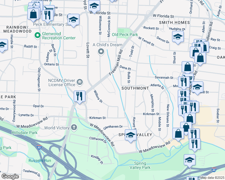 map of restaurants, bars, coffee shops, grocery stores, and more near 1816 McCormick Street in Greensboro