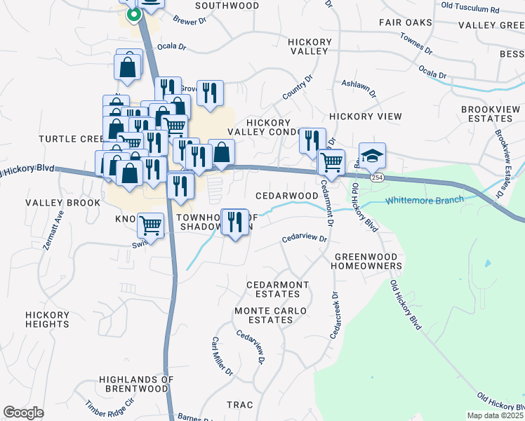 map of restaurants, bars, coffee shops, grocery stores, and more near 109 Cedarvalley Court in Nashville